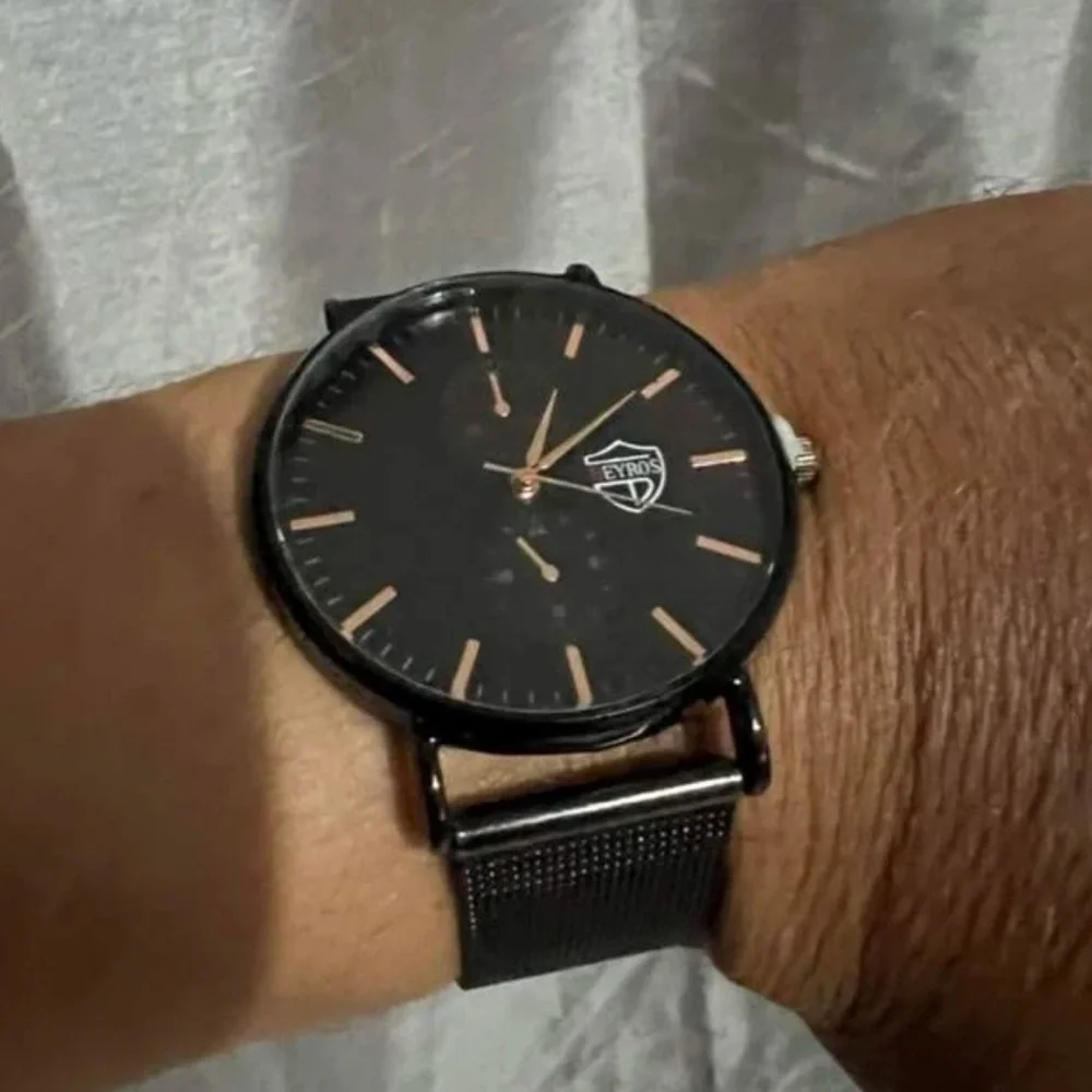 New Stainless Steel Analog Quartz Black Rose Gold Business Casual Mens Watch